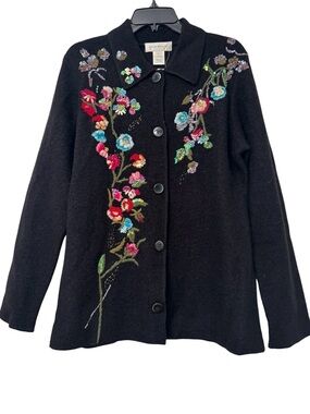 NWT Susan Bristol Black Wool Embroidered Sequin Floral Sweater Jacket